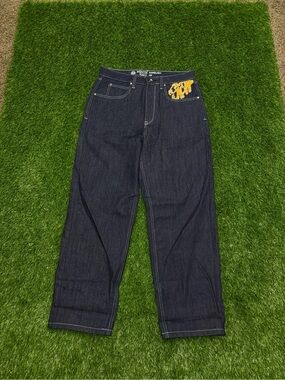 Ninth hall baggy raw denim Jeans with Yellow Pocket and back stitching details